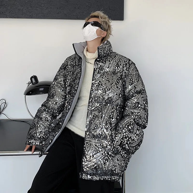 Large Size Sequins Men Winter Padding Jacket Luxury Shiny Sequined Stand Collar Warm Men's Parkas New Fashion Korean Mens Coats