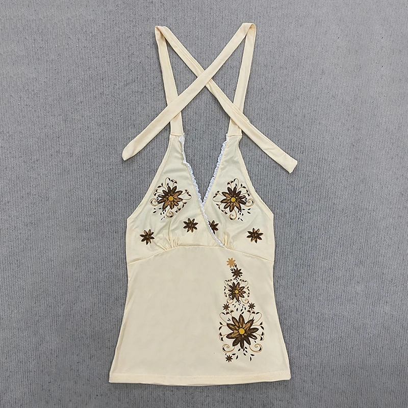Summer New Girl's Style Flower Pattern V-neck Hanging Neck Tank Top Women's Vacation Style Sexy Short Sleeveless Top