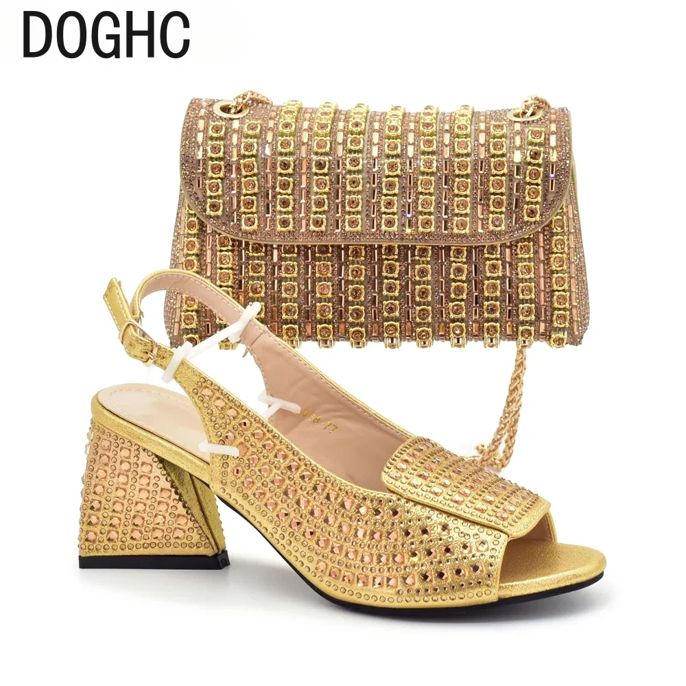 

New Fashion Women Nigerian Italian Shoes and Bags Set Decorated with Rhinestone Luxury Shoe and Bags for Women Nigeria Party