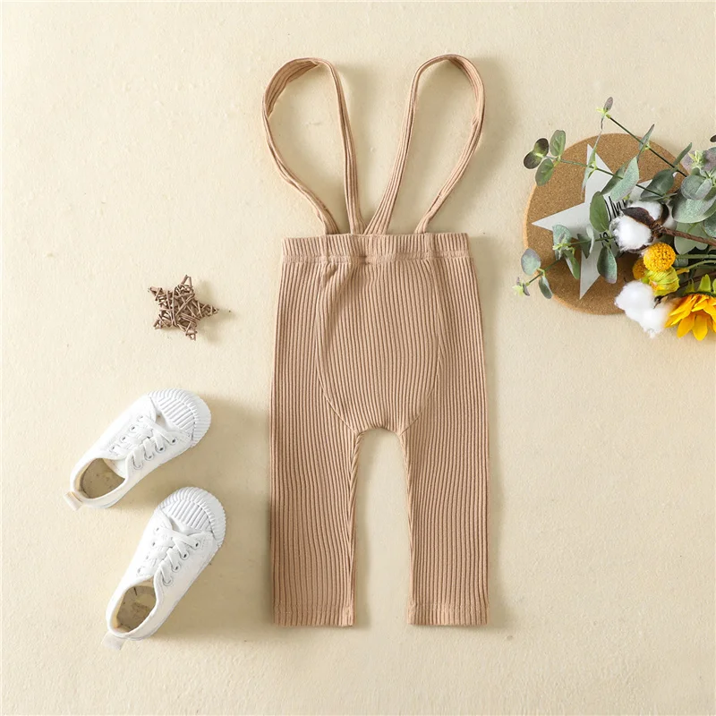 Blotona Infant Baby Suspender Trousers, Solid Color Ribbed High Waist Long Pants for Girls Boys, 3 Months-3 Years