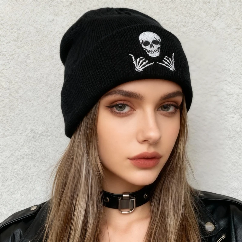 1 Stück bestickte Strickmütze mit Totenkopf- und Daumengeste, warme Unisex-Pullovermütze, geeignet für Straße, Partys oder Geschenke
