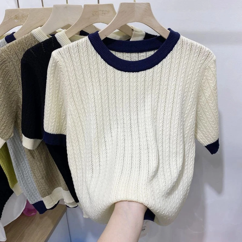 Eis Seide Aushöhlen Dünne Lose Beiläufige Tops Sommer Neue Oansatz Kontrast Patchwork Vintage T Shirts Mode Harajuku Frauen Kleidung