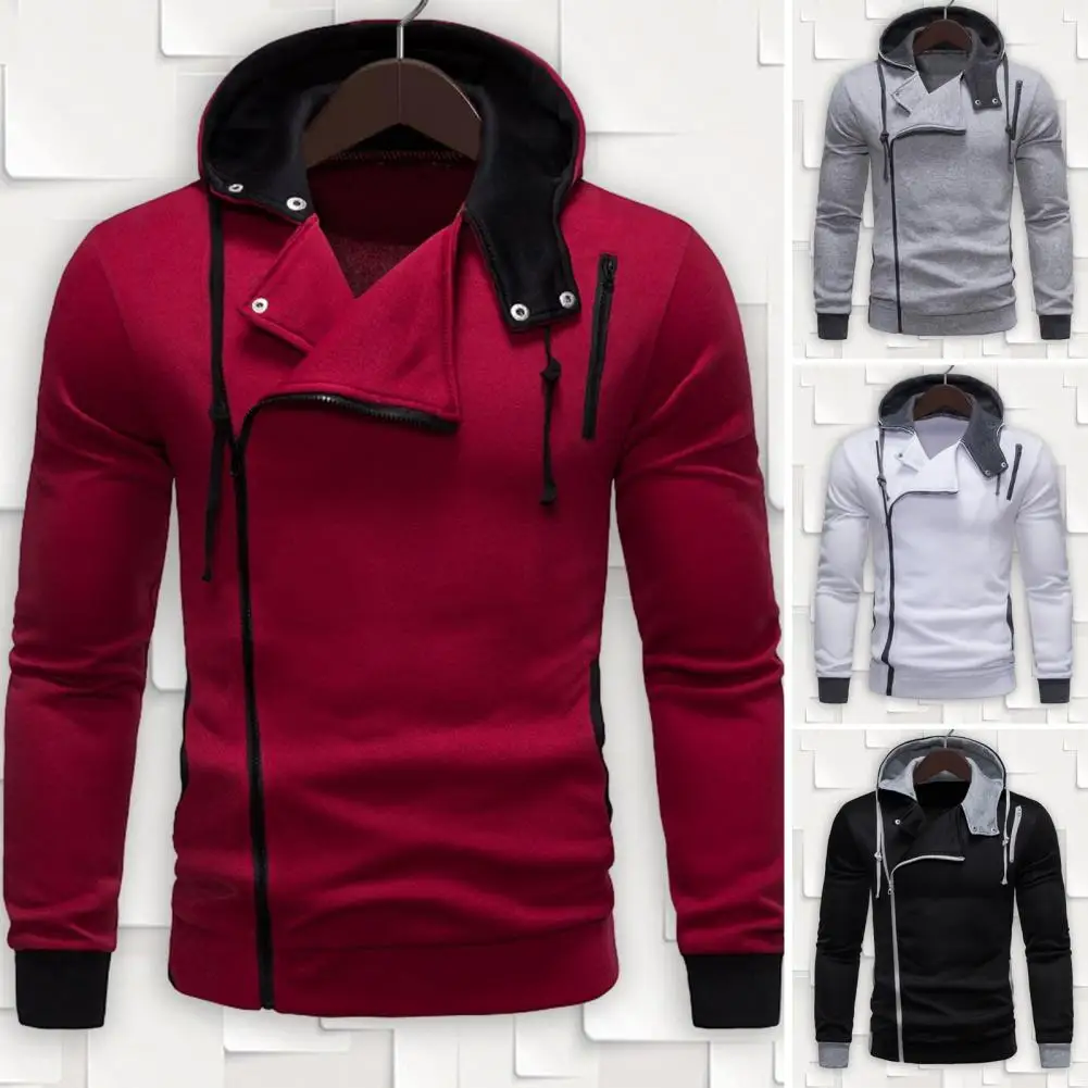 

Sports Hoodie Men's Fall Hoodie with Oblique Zipper Elastic Cuff Long Sleeve Hooded Sweatshirt in Contrast Colors Soft for Men