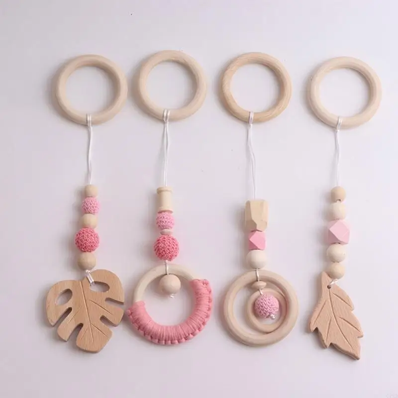 Q22D 4 Pcs Baby Gym Frame Pendants Stroller Rattle Wooden Ring Beads Teether Hanging Mobile Bed Infants Newborn Nursing