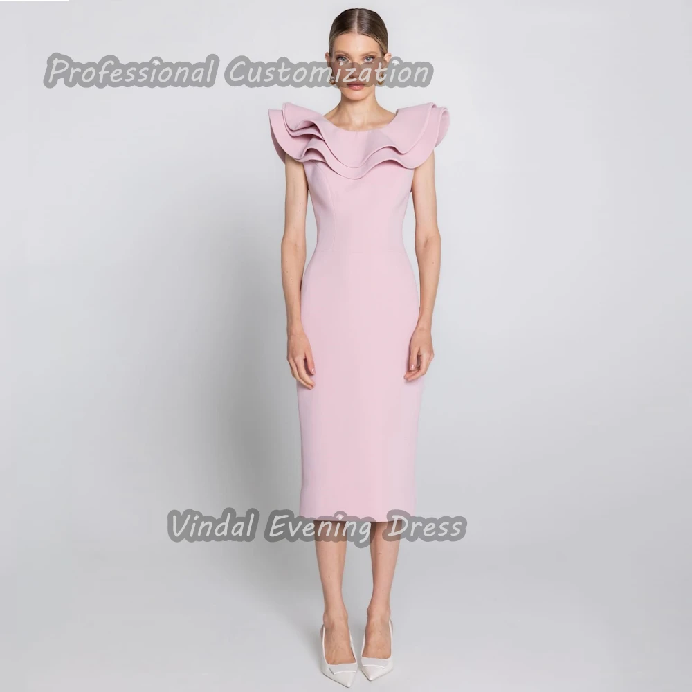 Vindal Knee length O-Neck Prom Dress Straight luxurious Ruffle Crepe Breast Padding Elegant Short Sleeves  السعود For Woman 2024