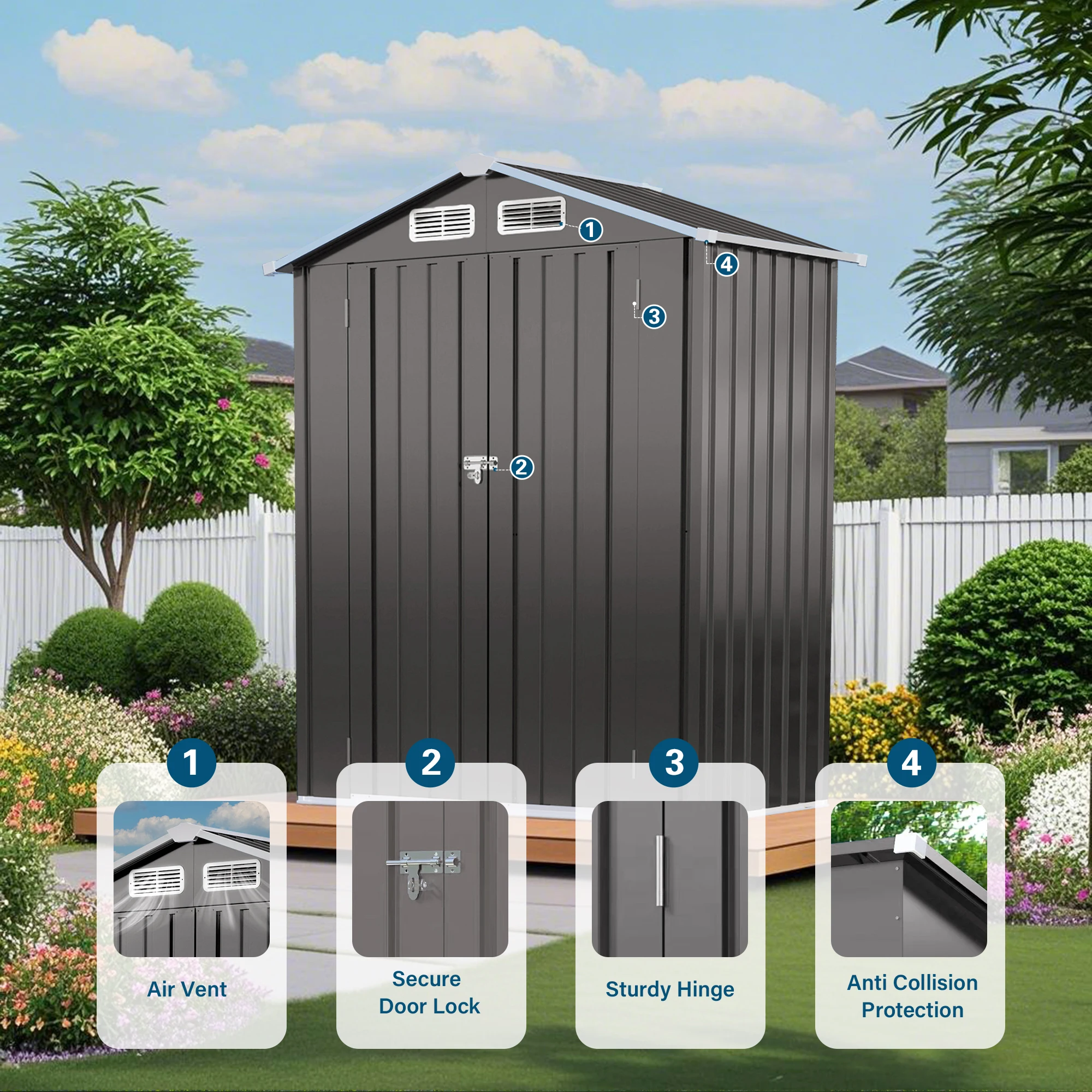 5X3 FT Four-season Nature Outdoor Waterproof Storage Shed 2-Door  Galvanized Steel Tool Shed for Backyard Garden