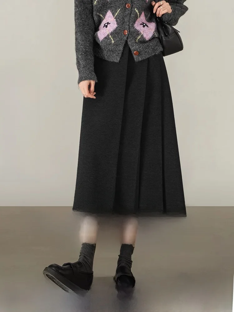 

Женская теплая зимняя юбка из ацетатной шерсти с высокой талией, утягивающая, А-силуэта, с вставками, повседневная, из полиэстера