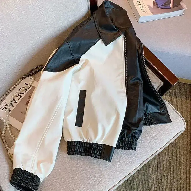 Stitching Leather Jacket Women 2026Spring Autumn New Design Sense Coat Short Baseball Outerwear Loose Motorcycle Overwear Ladies