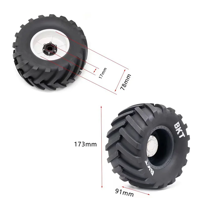 2PCS 1/8 Truck Rubber Tire w/17mm Hex Plastic Wheel Rim 173mm/91mm Rubber Rocks Tyres Set Fit for Traxxas Maxx Tmaxx E-Revo 3.3