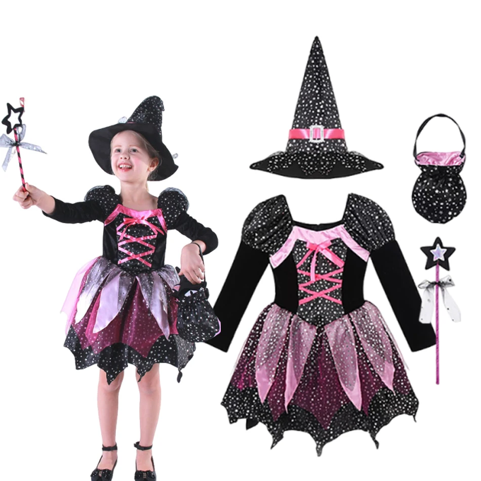 Girl 4 PCS Witch With Hat Bag Wand Halloween Disguise Costume Dress Up Kids Carnival Party Cosplay Children Vestidos Outfit