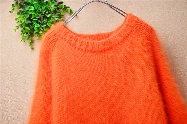 Ladies Women Fall Winter Clothing Orange Hairy Mink Cashmere Knitted O-Neck Half Sleeves Slim Blouses Pullover Angora Sweater