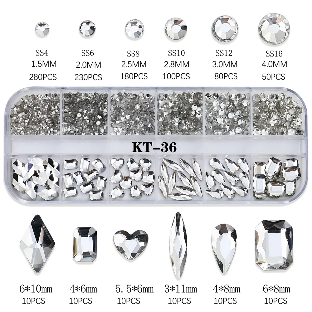 1 กล่อง (12 ตาราง) สีชมพูแก้วคริสตัล AB Rhinestone หินเล็บ Charm 3D ผสมรูป Flatback เพชรหรูหราตกแต่งเล็บ