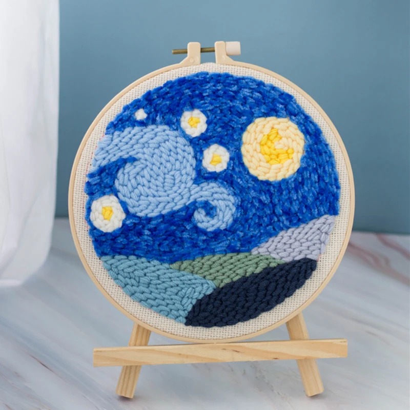 Moon Night Punch Needle Embroidery Kit for Beginners Soft Yarn Van Gogh Starry Sky Needlework Wall Painting Home Decor