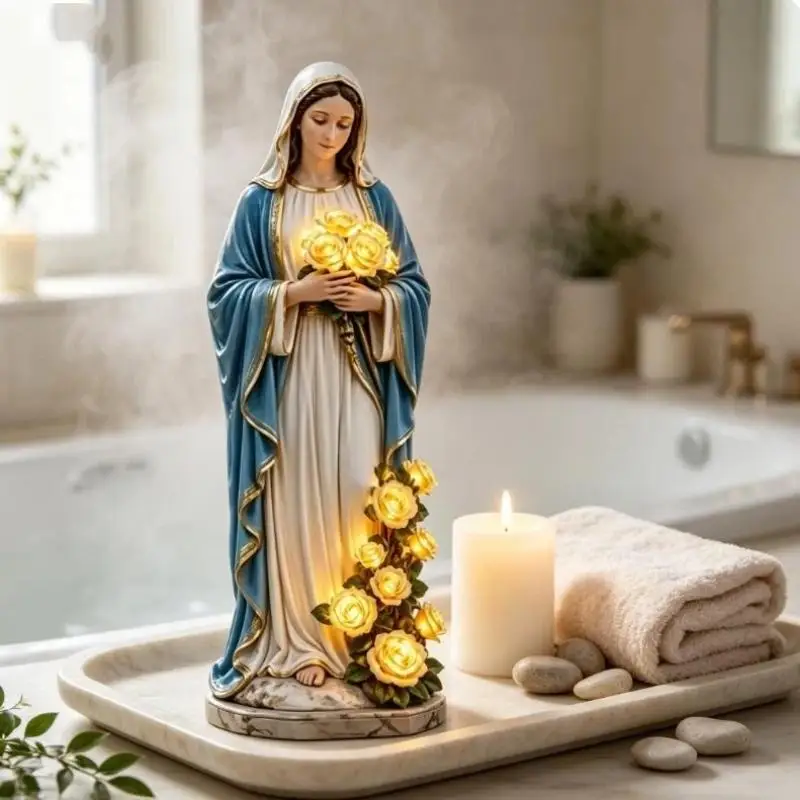 Resin Mary Statue 1Pcs Hand Painted LED Lighted Yellow Roses Portable Decor for Outdoor Religious Event Use