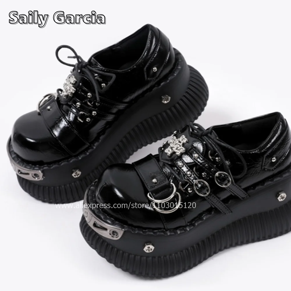 

Black Punk Style Metal Decorate Height Increas Ankle Boots Glossy Thick Sole All-Match Casual Shoes Round Toe 7CM Heel Boots