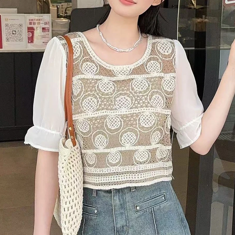 

Crochet Top for Women Chiffon Half Sleeve Embroidery Open-Knit Blouse Tops Summer Boho Chic Beach Outfit