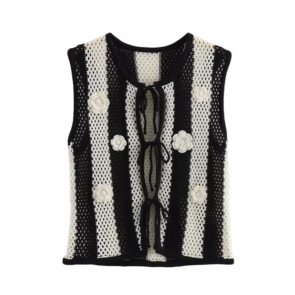 

Taop&Za 2024 Summer New Product Women's Fashion Slim Fit Black and White Splicing Handmade Stickers Strap Knitted Vest
