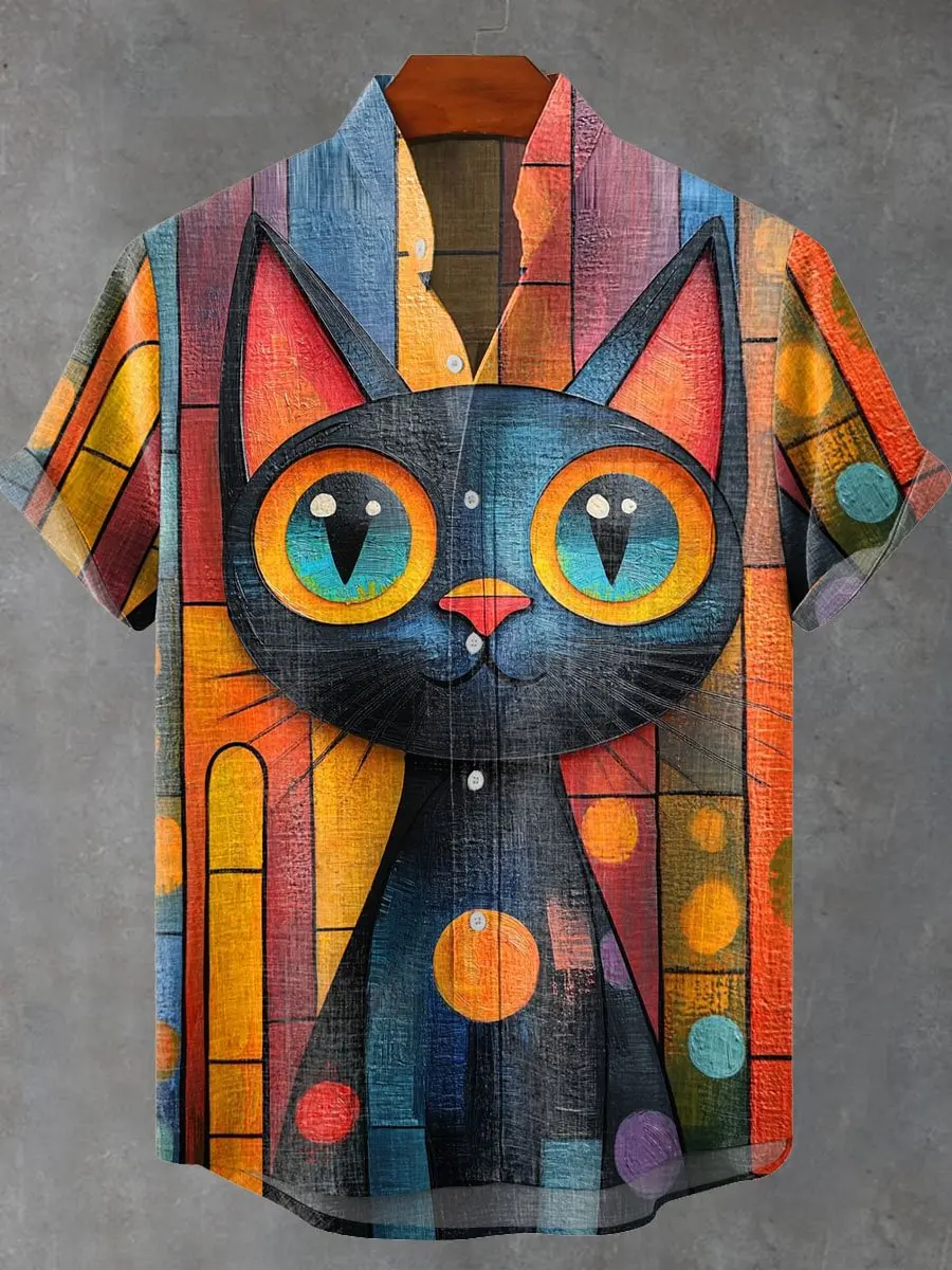 2025 Men's New Cat Linen Short Sleeve with Summer Comfortable Fabric Button Top Fantasy Cat Pattern Print - Image 3