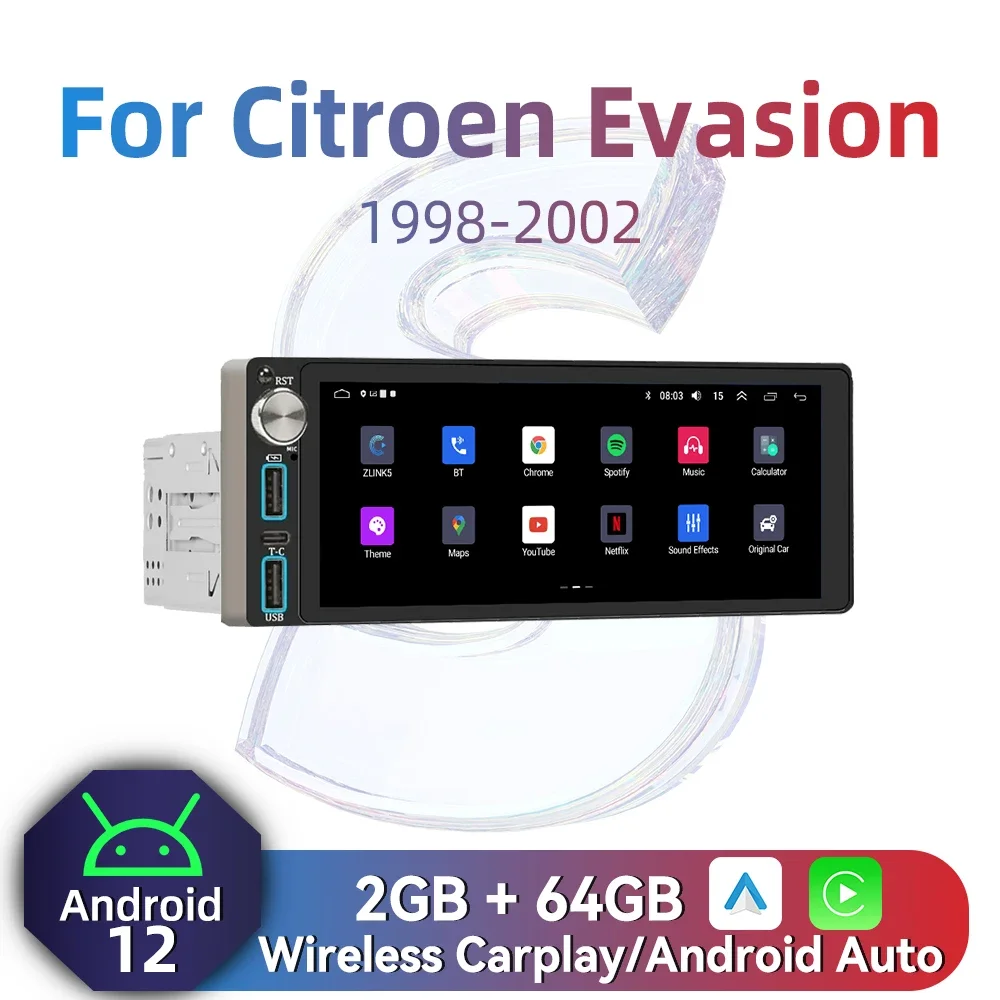 

Авторадио Carplay, 1-диночное радио, Android, автомобильное мультимедиа для Citroen Evasion 1998-2002, 6,86 дюйма, стерео головное устройство, GPS-навигация