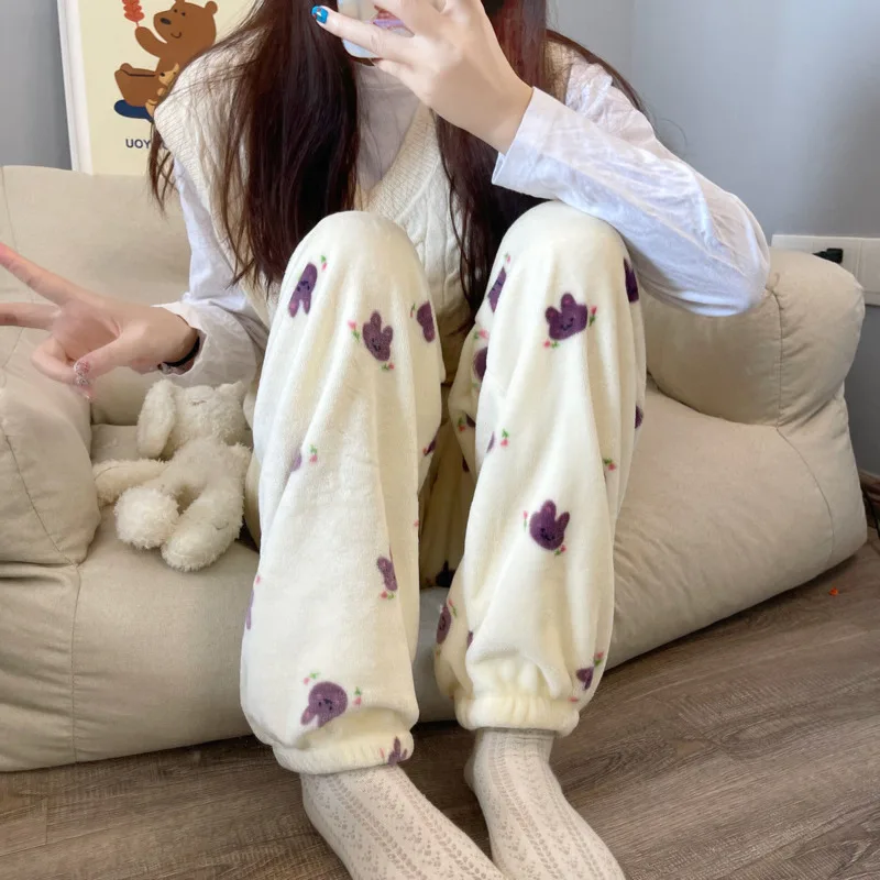 Kawaii Animal Rabbit Pajamas Pants Flannel Women Before Christmas Casual Plush Pants Winter Girl Sleeping Trousers Gift Pijama