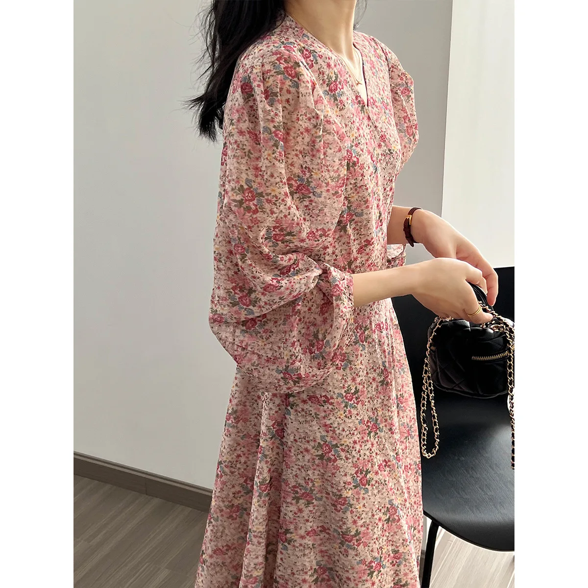 2024 New Women Floral Print Chiffon Long Dress V-Neck Puff Sleeve High Waist Women Summer Dress Vestidos Clothes For Women