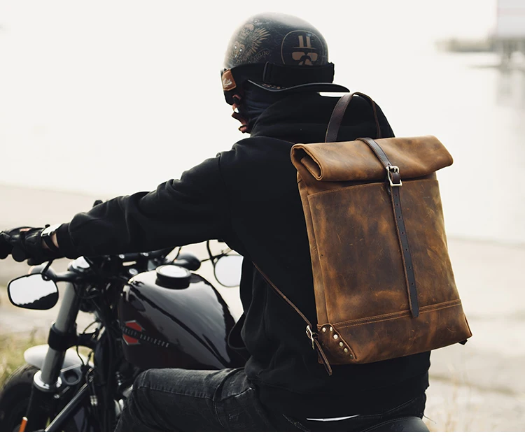 Distressed Full Grain Leather Rucksack Resistant Roll Top Men Travel Motorcycle Backpack 15.6