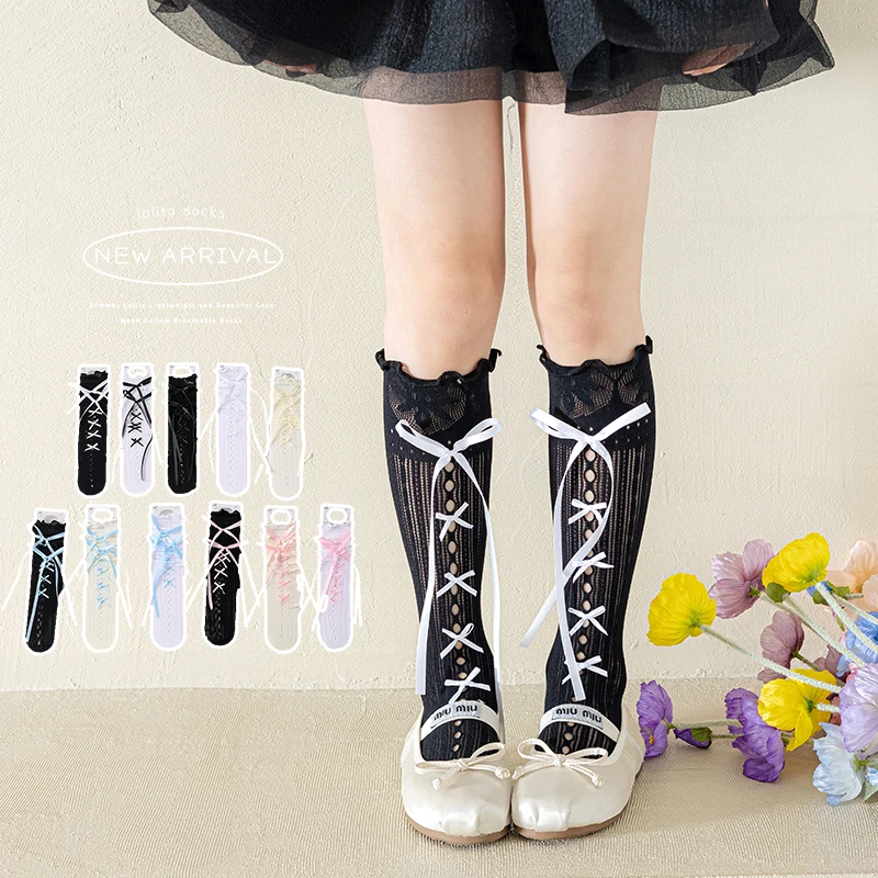 Kawaii Lolita Girl Mid-Calf Sock New Cute Colorful Ribbon Bow Tie Design Socks Soft Breathable stocking Sock For 2-12Years girls