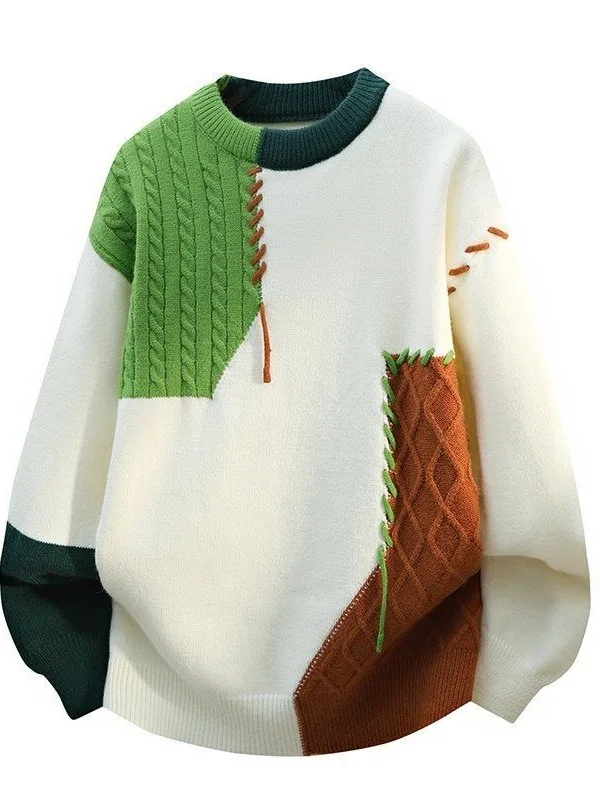

Color Block Contrast Men's Knitted Sweater Casual Loose Winter Fashion Personality Design Geometric Pattern Long Sleeve Crew ...