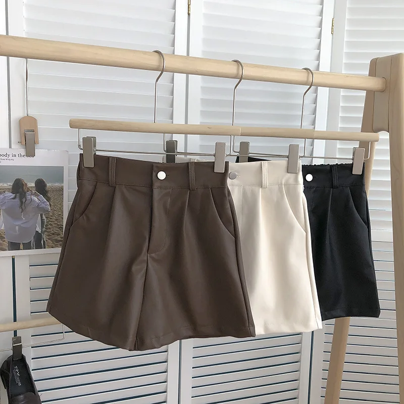 Black One button high waist solid color A-line wide-leg Shorts women autumn Korean wild thin casual PU leather shorts lady