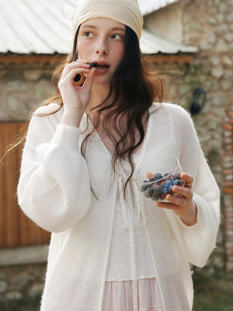 

OLrain Hollow Out Knit Cardigan French V-neck Lantern Sleeve Sweaters 2026 Spring Prairie Chic Lace Trim Jumpers O58CZ003225