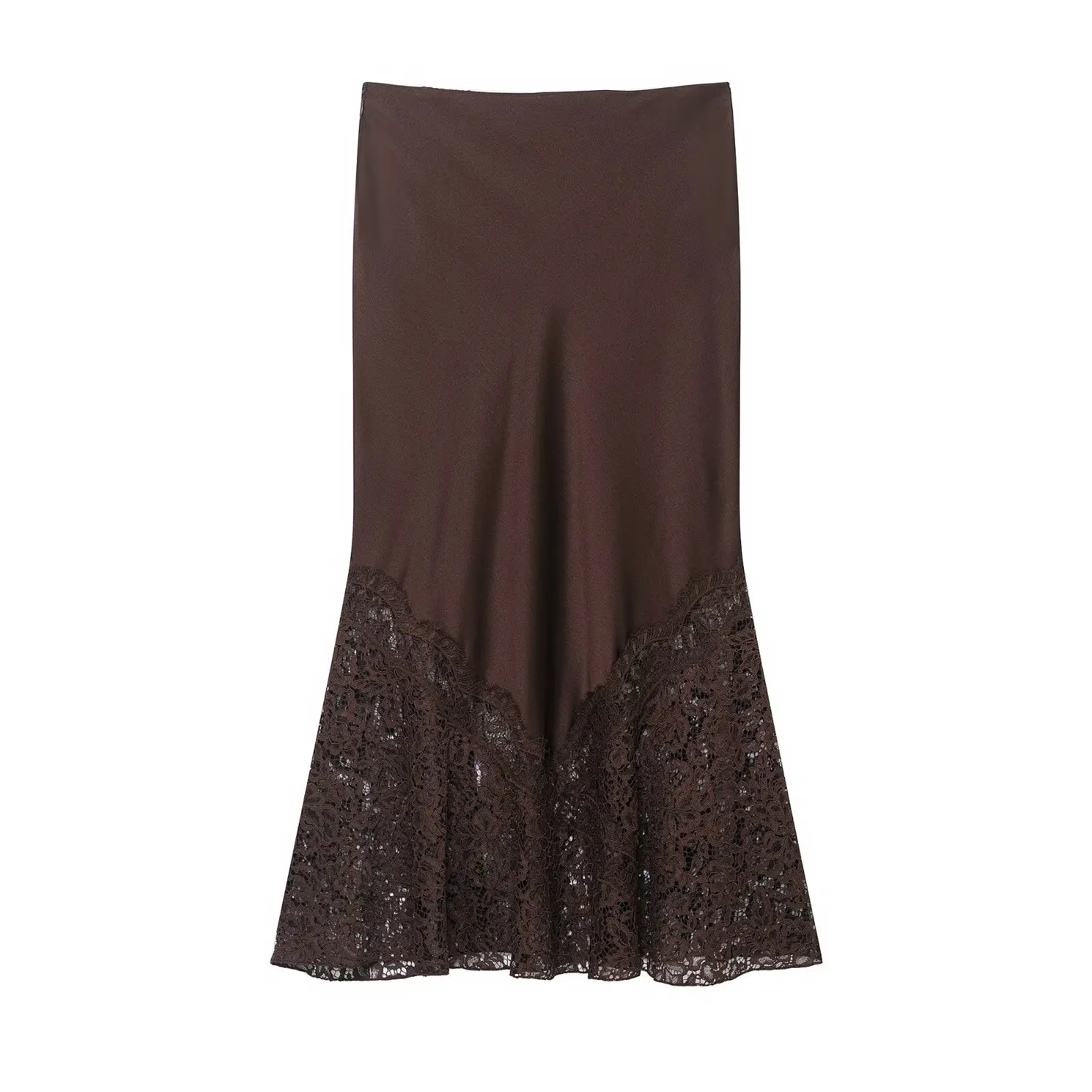 Herbst Neuheit: Eleganter Brauner Satin-Midirock mit Spitzenbesatz und Reißverschluss für Damen – Schicker Party- und Clubrock – Detail 4