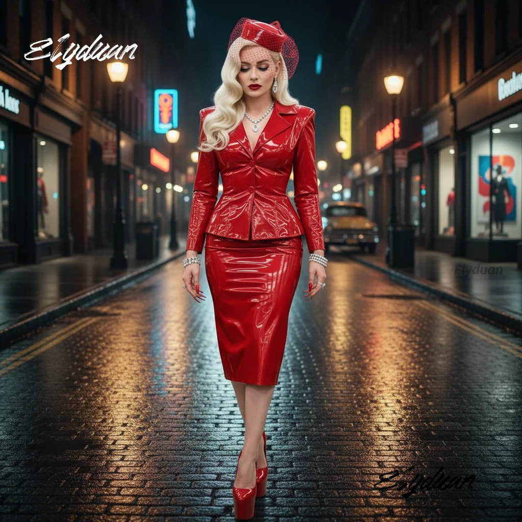 Shiny Red Black PVC Prom Dress Suit Knee-Length Straight Cosplay Party Costume Modern Women Special Occasion Wear Customized