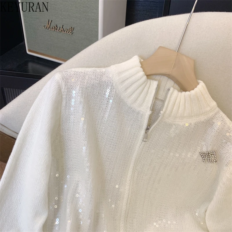 French Elegant White Sequins Zipper Knitted Cardigan Sweater Women Autumn Winter Korean Fashion O-Neck Long Sleeve Knitwear Tops