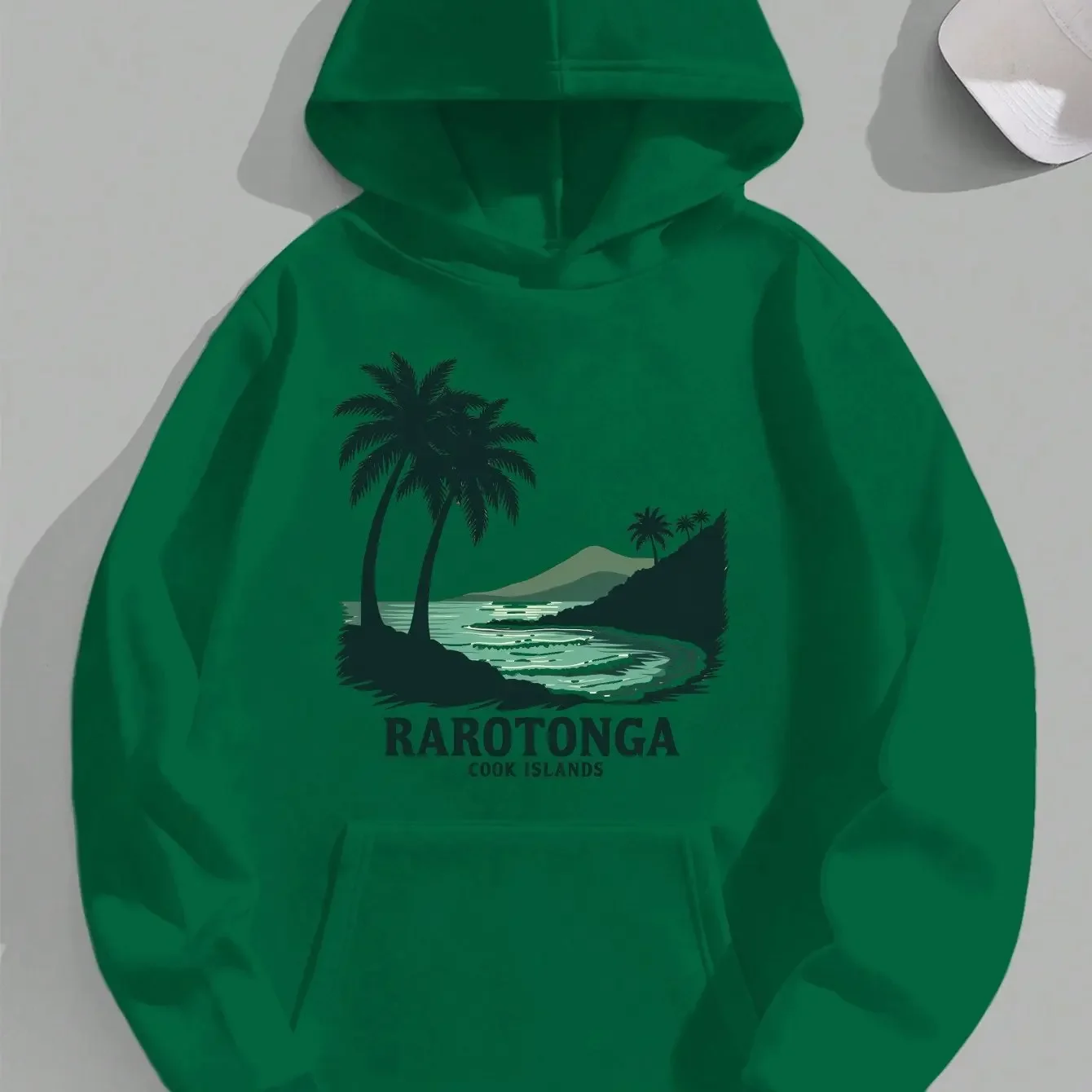 Vintage Rarotonga Cook Islands Hooded Sweatshirt Unisex Coconut Tree Bay Mountain Landscape Tropical Beach Front Print Hoodie