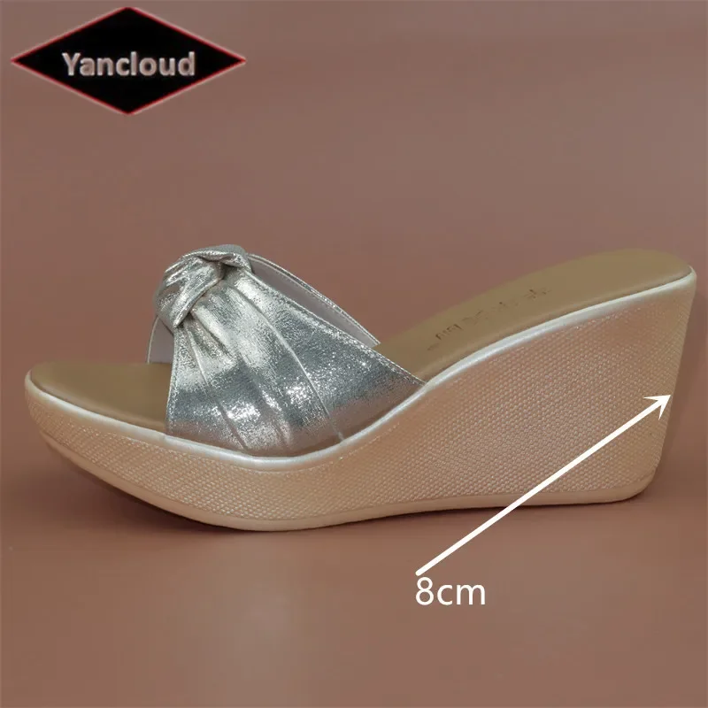 Small Size 32-43 Casual Gold Bow Sweet Thick Platform Shoes Summer Slippers 2025 Women\'s High Heels Wedges Slippers Outside