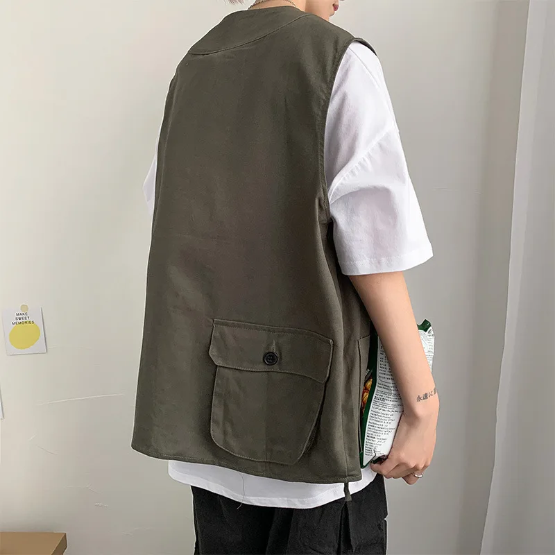 Pure Cotton Summer Men New High Street Multiple Pockets Solid Color Workwear Coat Loose All-match Kam Shoulder Sleeveless Tops