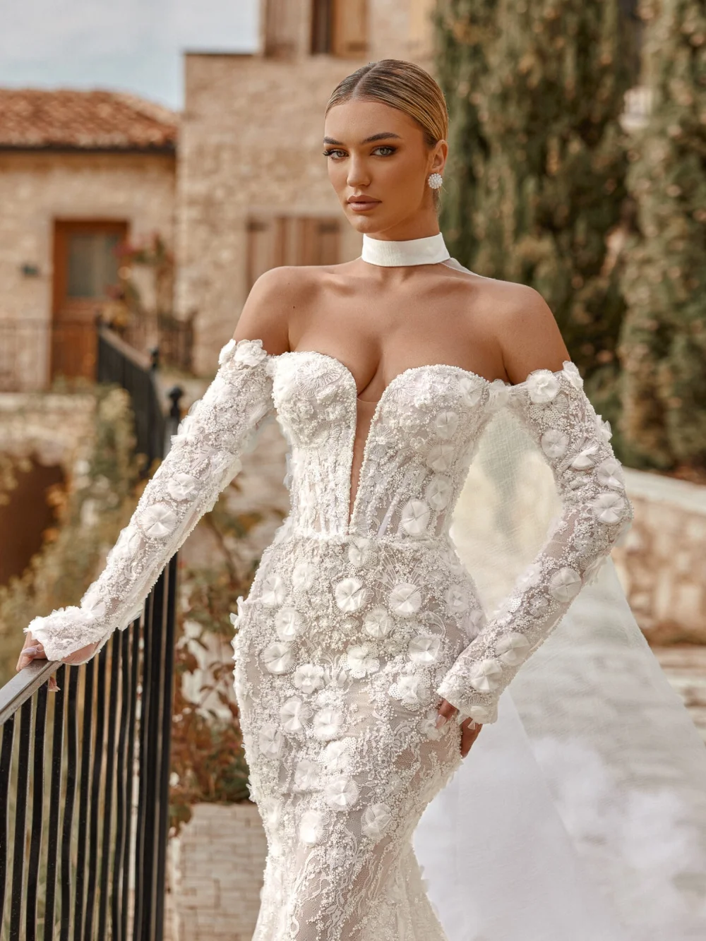 Handmade 3D Floral Wedding Dress Gorgeous Beaded Vneck Bridal Gown Customized Off Shoulder Mermaid Long Dresses For Bride