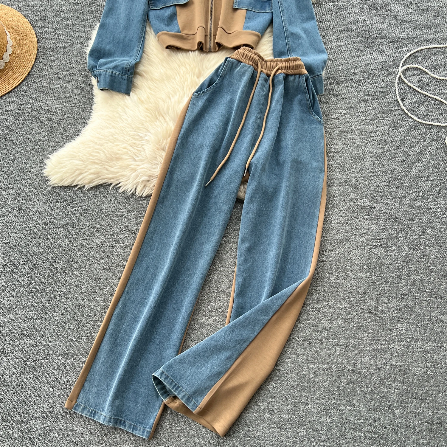 Costume décontracté à la mode, épissage contrasté, col montant, fermeture éclair, taille haute, pantalon en Denim à jambes larges, ensembles 2 pièces, tenues pour femmes