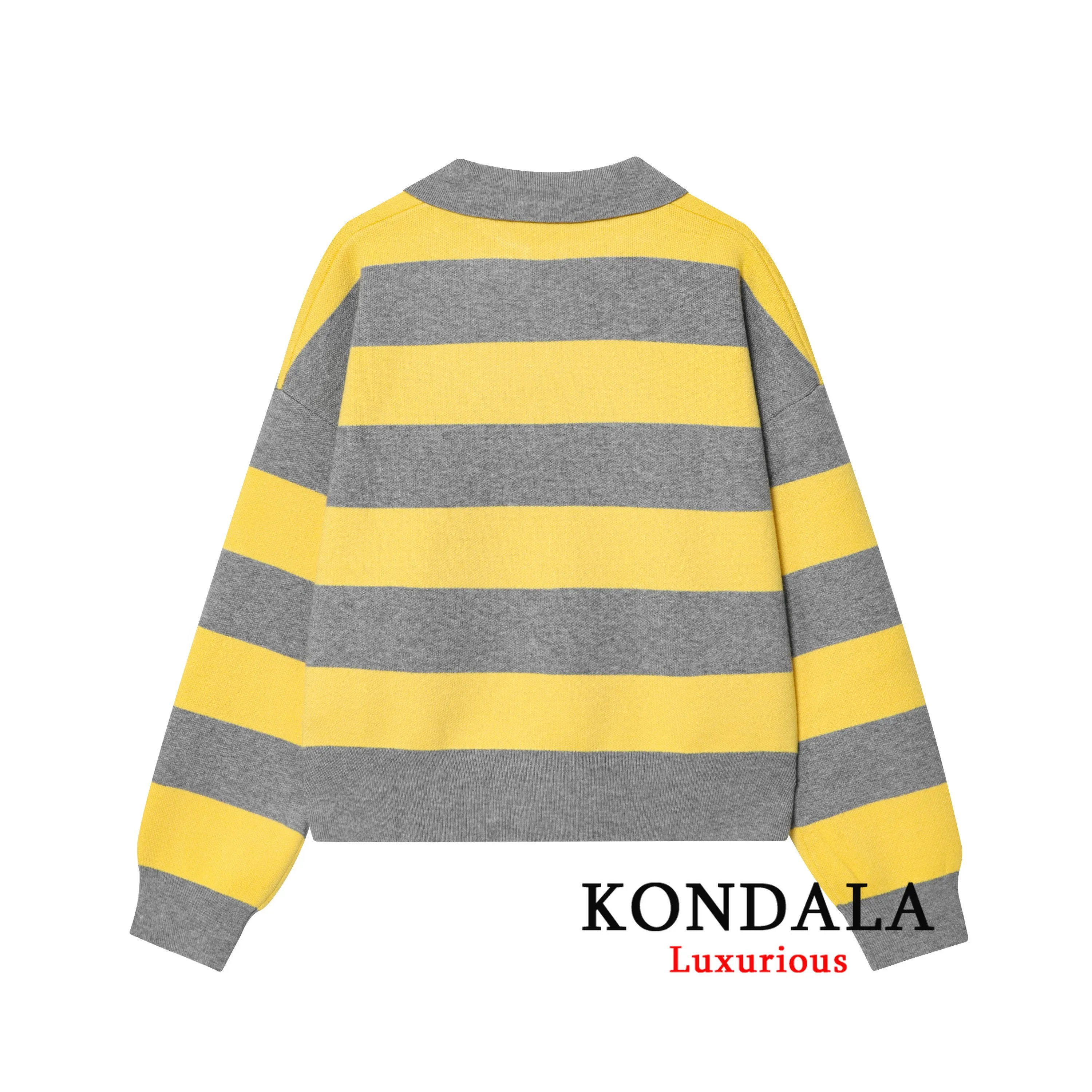 KONDALA سترات فضفاضة متماسكة مخططة غير رسمية للنساء بياقة على شكل V وأكمام طويلة بلوفرات موضة خريف 2025 قطع علوية سميكة ودافئة Y2K للفتيات