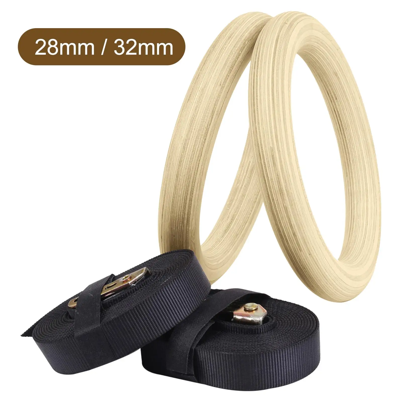 Sports Wood Gymnastic Rings with Adjustable Buckle Straps Anti slip belt for Strength Training Gym Full Body Workout