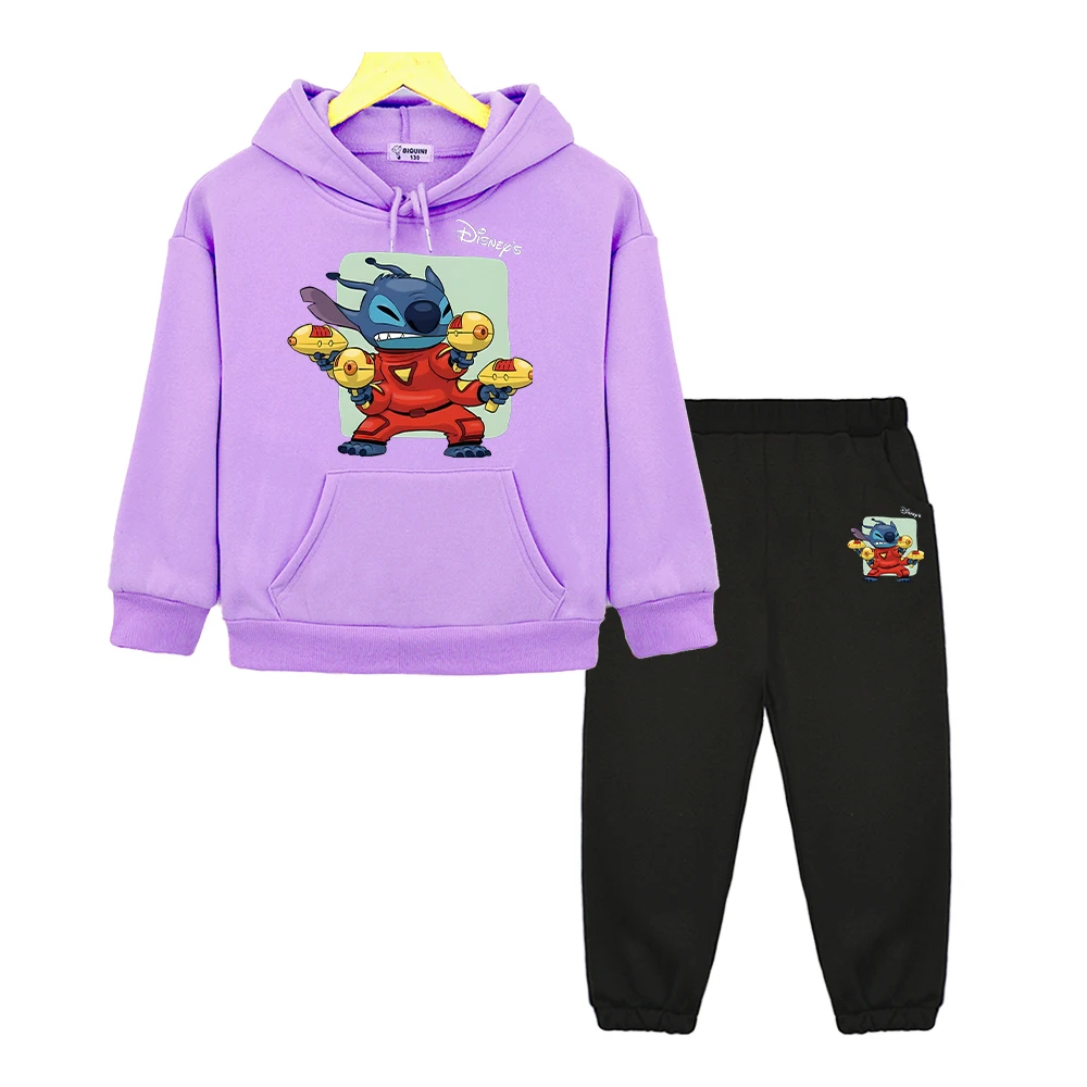 Stitch Anime hoodie kaus bulu domba olahraga anak laki-laki perempuan set bertudung olahraga Disney kasual 2 potong pullover + Celana Jaket pakaian butik anak-anak