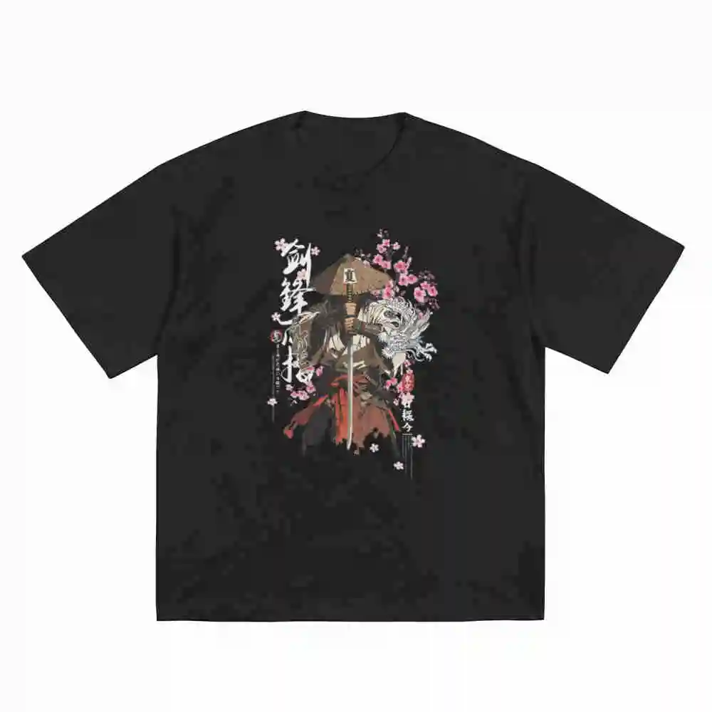 Samurai Cherry Blossoms Y2K Japanese Ink Comic Short Sleeve Tee 100% Cotton T-Shirt