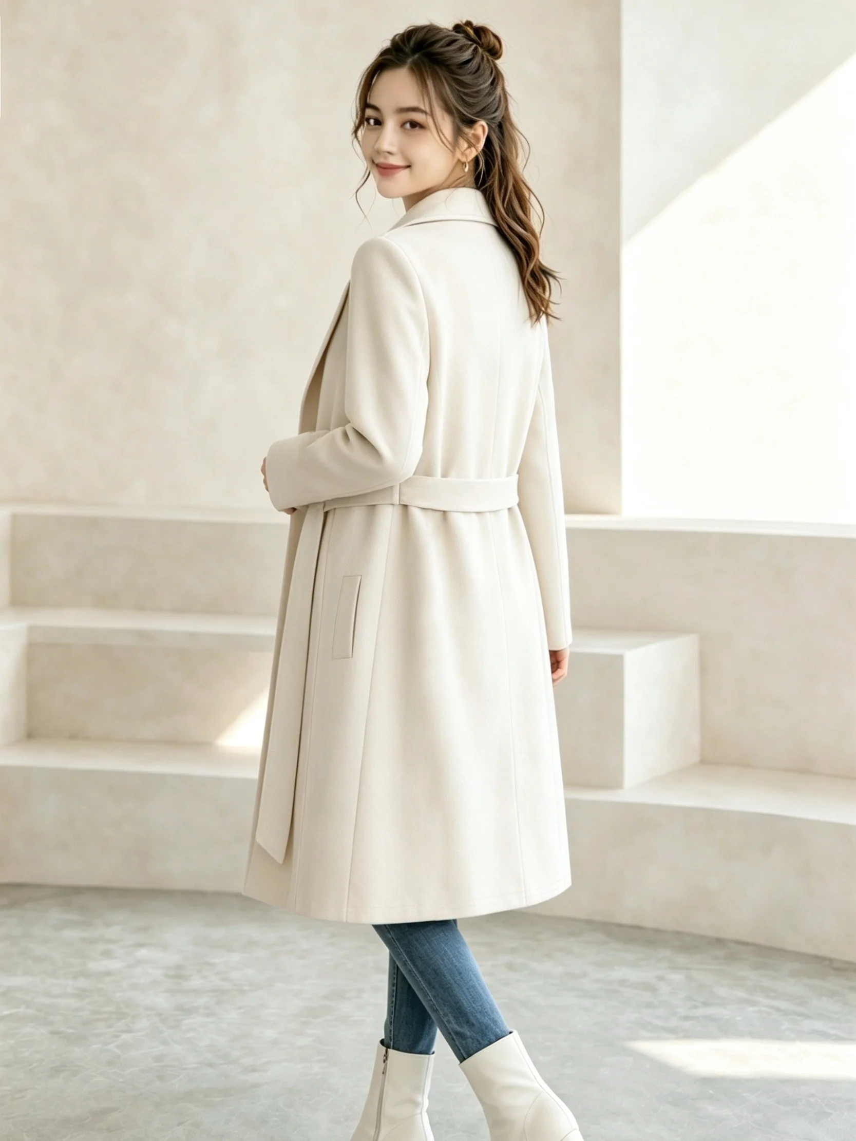 Girls' Autumn and Winter Youth Coat with Elegant and Stylish Design, Solid Color, Warm and Stylish, Large Lapel, Long-Sleeved Coat, Paired with a Matching Belt, Suitable for Older Children and Teenagers Aged 12-16