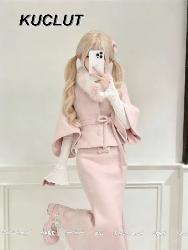 Girl Three-Piece Set for Women Autumn Winter Sweet and Cute Base Layer Pink Elegant Woolen Coat Waist-Tie Fishtail Skirt Set