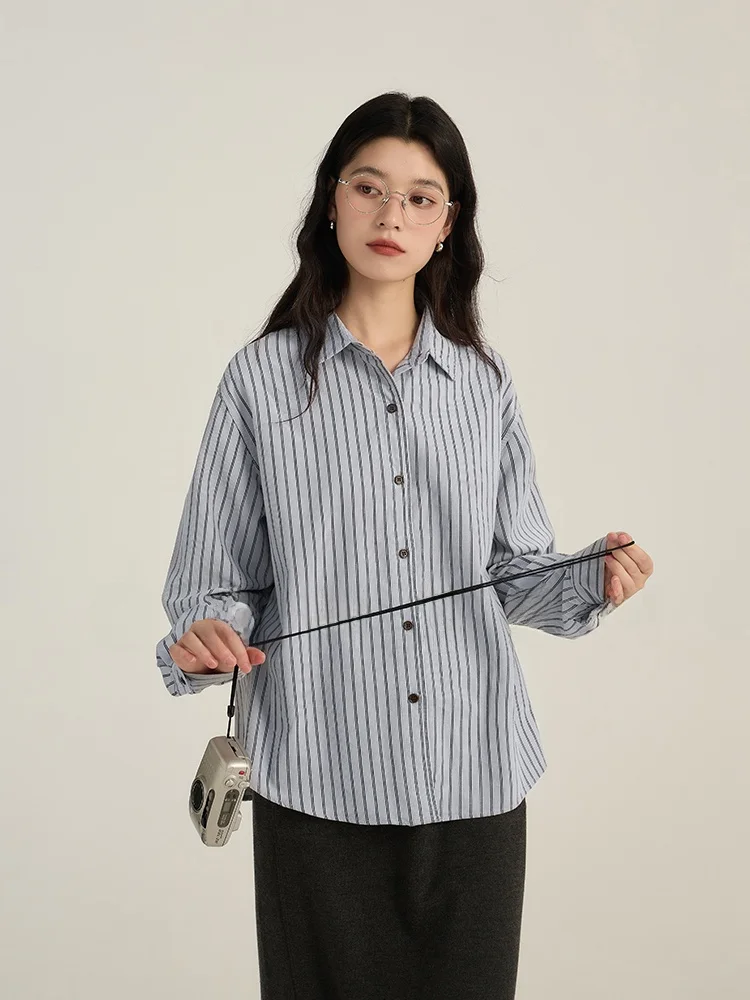 

Женская рубашка Gansen из чистого хлопкового вельвета с синими полосками, длинный рукав, повседневный деловой стиль, свободный крой, стандартная длина