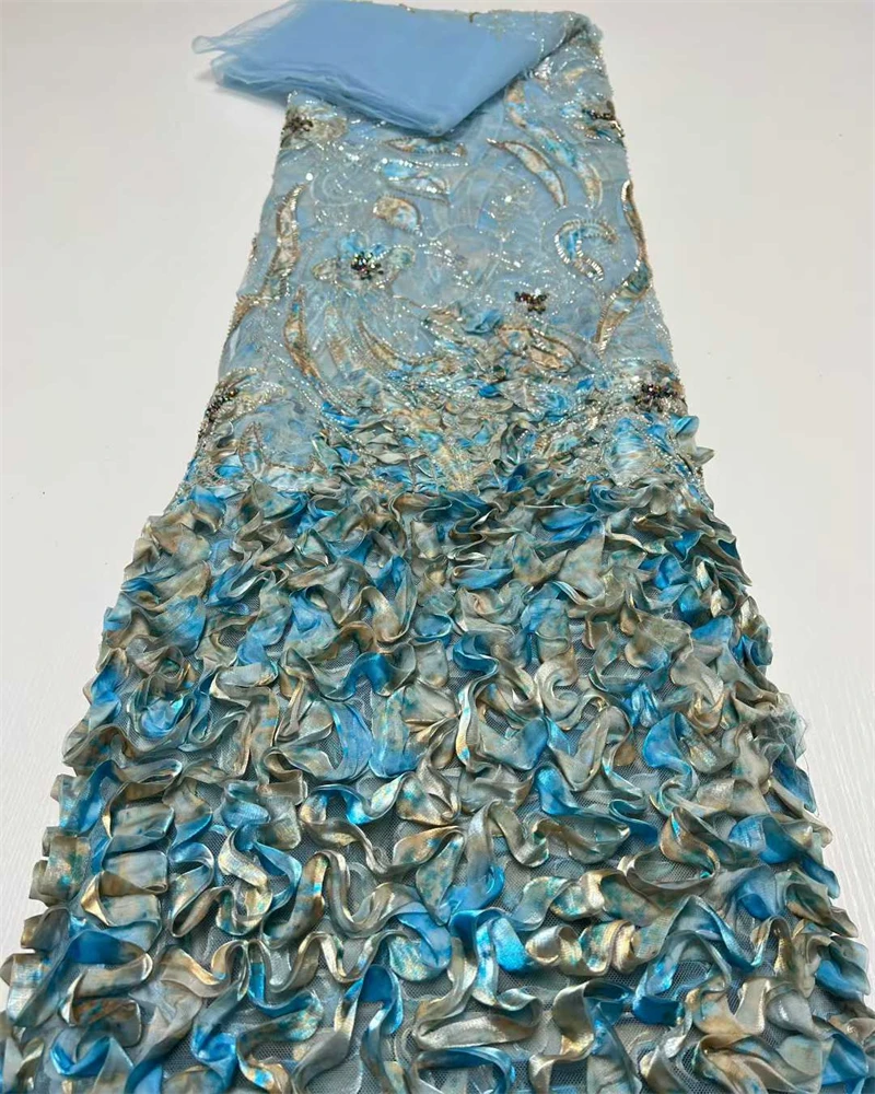 Fashion French Mesh Lace Fabric with 3D Flowers Embroidery Beads And Sequins for Wedding Dresses African Nigerian Style