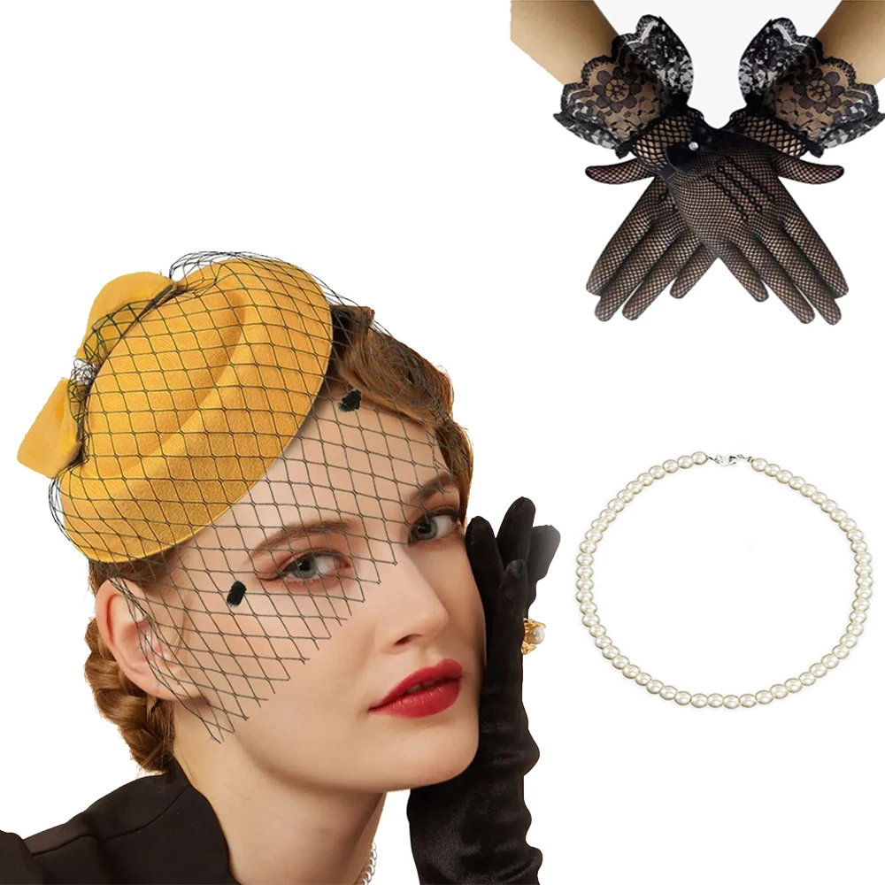 Fascinators cappelli 20s 50s cappello Pillbox cappello Cocktail Tea Party copricapo con velo collana guanti Setfor Girls and Women