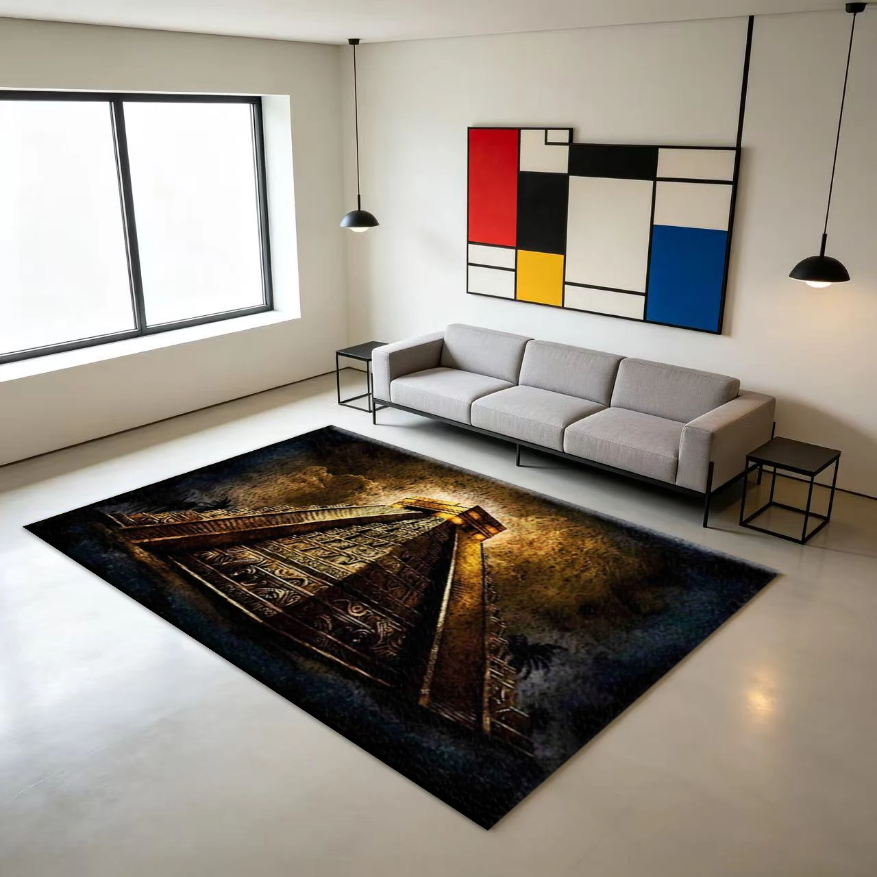 Ancient Mayan Pyramid Art Carpet Flooring, Retro Ethnic Non-Slip Area Rug for Living Room Bedroom Home Decor