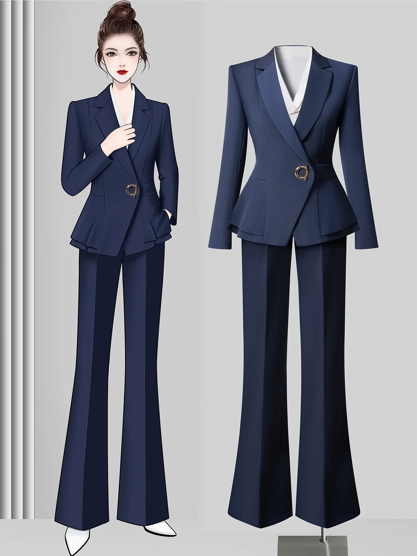

Blue Professional Women's Suit Set Host Formal Small Size Fashion High-End Feeling Goddess Style Career Workwear Polyester Fiber