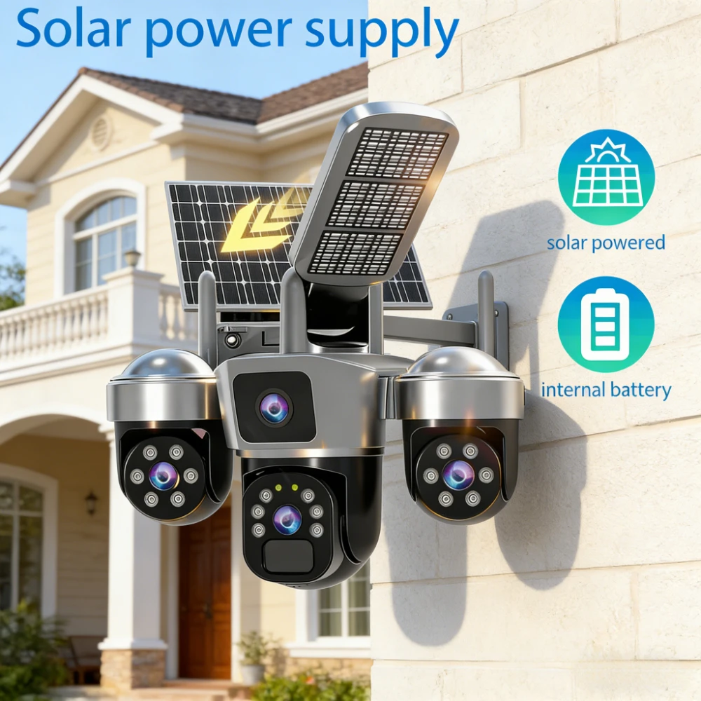 Solar Camera 3-Lens 6MP WiFi Security Camera V380 Pro Two-Way Audio Night Vision Auto Tracking PIR Outdoor Waterproof CCTV